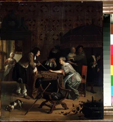 トリックトラックの選手。 Jan Havicsz Steen (1626-1679) の絵画。 木に油彩、45.5 x 39 cm