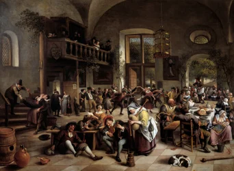 宿屋でのパーティー ミュージシャン、演奏者、酒飲みの男女 - Jan Havicksz (Havickszoon) Steen (1626-1679) の絵画