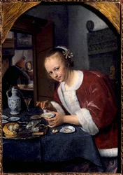 牡蠣を食べる少女 ヤン・ステーン(1626-1679)の絵画 日。0,14x0,2 m ハーグマウリッツハイス