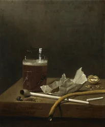 1杯のビール、パイプ、タバコ、その他の喫煙に必要なもののある静物、1658年