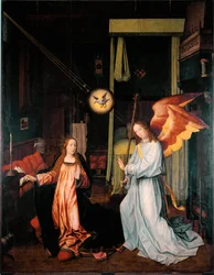 受胎告知 ヤン・プロヴォスト（1465年頃～1529年）による木の上の絵 薄暗い。300x200 cm ゲネス、パラッツォ・ビアンコのガレリア