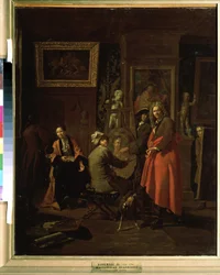 「画家のアトリエ」（画家のアトリエ） ヤン・ヨーゼフ・ホーレマンス・ザ・エルダー（1682-1759）による絵画 1725-1730年 プーシキン美術館 モスクワ