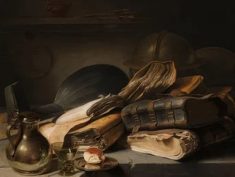 本のある静物。 1627-28年頃