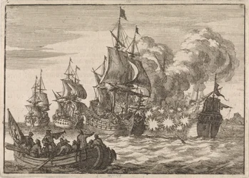 バレンシア沖で、スペインの提督パパチーノは、1688 年に敬礼をしなかったため、トゥールヴィル提督の指揮する 3 隻のフランス船に攻撃される。