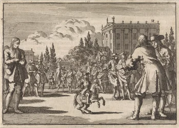 マドリッドの広場では、1675 年にスペイン王の小人であるルイジロの周りに群衆が集まっています。