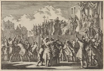 1689 年、カトリックを嘲笑するアバディーンのストリート シーン
