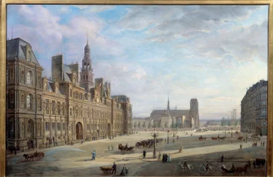 1868年のパリ市庁舎。ヤン・オストガ・デ・ミオドゥチェスキ(ミオドゥゼフスキ)による絵画(1831年～?)。 キャンバスに油彩。 薄暗い: 0,78 x 1,17m。 パリ、カルナヴァレ美術館 - 1868 年にパリの市庁舎。ミオドゥチェスキ (Mioduzsewski) によるジャン・オストガの絵画 (1831-? )。 〇