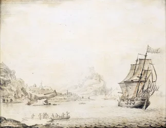 1677年、サタリア（トルコ）沖のイギリス船。岩だらけの海岸線に囲まれ、古代の城壁とミナレットがある。木に油彩
