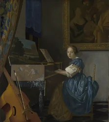 ヴァージナルに着席した若い女性c。 1670
