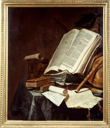 本と楽器 ヤン・フェルミューレン(1638-1674)の絵画 17世紀 Sun.0,78x0,69 m ナント、ミュゼ・デ・ボザール