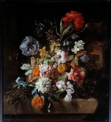 石のベンチに置かれた花束 ヤン・ウィーニクス（1640-1719）の絵画 1694年 日0.74x0.67 m リヨン、ボザール美術館（Musee des Beaux Arts