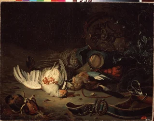 ハンティング トロフィー。 Jan Weenix the Younger (1642-1719) による絵画。 キャンバスに油彩、17 世紀後半から 18 世紀初頭。 オランダの芸術、バロック様式。 国立野外博物館ペテルゴフ、サンクトペテルブルク。