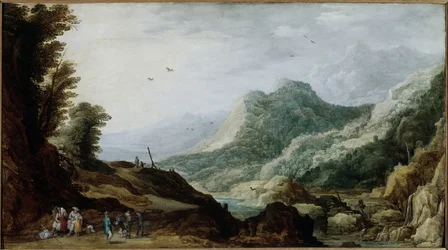 道端に農民の家族がいる山の風景（絵画、1620年頃～1630年頃