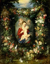 果物と花のガーランドにいる処女と子供、c.1614-18