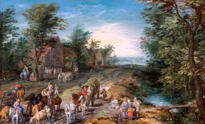 旅行者と牛のいる道路のシーン、1611年頃（オークパネルに油彩）
