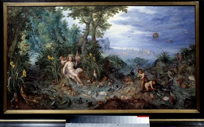 4つの要素"水 "のアレゴリー。若い女性とアヒル、魚。ヤン・ブリューゲルの絵画 Le Vieux calls Bruegel de Velours（ブリューゲルまたはブリューゲル