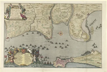 1702年のカディスでの連合軍の上陸と遠征の地図 8月26日から8月26日までオーモント公と少将とバロン・デ・スパー・シーダートによって行われたカンプメントとマルスを伴う、カディクスのためのディスサンテまたはスパンジエンへの着陸の計画