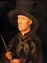 "Baudouin de Lannoy seigneur de Molembais, dit le Begue (1388-1474) の肖像".ヤン・ファン・エイク（1390-1441）の絵画、1435年頃 - 木に油彩、26x20 - Staatliche Museen, Berlin