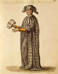 ヤン・ファン・グレーベンブローク（Giovanni Grevembroch）（1731-1807）の『Gli Abiti de Veneziani』（衣装図鑑より）による医師の衣裳、水彩画。