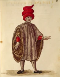 ヤン・ファン・グレーベンブロークまたはジョヴァンニ・グレーベンブローク（1731-1807）作、『Gli Abiti de Veneziani』、衣装図鑑より、「ドガリーナ」を着る若い男性、水彩画
