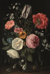 バラ、チューリップ、シャクヤク、サクラ、ケンタウロスの花瓶（銅に油彩）