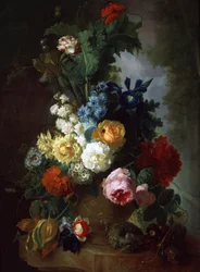 バラとデルフィニウムの静物画。ヤン・ファン・オス（1744-1808）作。個人蔵。