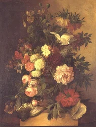 牡丹や薔薇などの花を骨壷に入れて