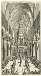 Lijkdienst voor Filips IV te Brussel、1665 燃える礼拝堂、そしてサント教会で行われたフィリップ3世ロイ・デ・エスパーニュの葬列。 s の順に Gudule します。 過剰。 1665 年 11 月 4 日と 5 日のカステル ロドリゴ侯爵 (オブジェクトのタイトル)