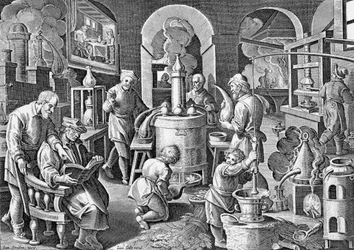Distillatio..:In igne succus omnium, arte, corporum, Vigens fit unda, limpida and potissima.16世紀にヤン・ファン・デル・ストラートが描いた、蒸留のさまざまな段階についての版画。