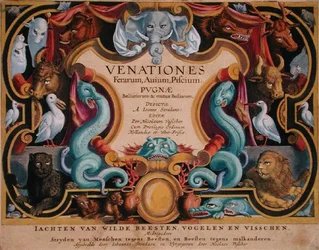 ヤン・コラート（1566-1628）が彫った「Venationes Ferarum, Avium, Piscium」（野生の獣、鳥、魚の狩猟）のタイトルページ。