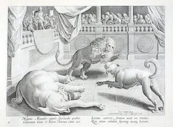 アレキサンダー大王がライオン、犬、象の戦いを見世物にしている。「Venationes, Ferarum, Avium, Piscium」（狩猟について：野獣、鳥、魚）の挿絵で、ヤン・コラート（1566-1628）が彫ったもので、フィリップス・ガラエウスがアムステルダムで出版した（彫刻）。