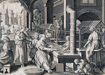 Vermis sericus, 絹を紡ぎ、火で蚕を加熱する女性たち, ストラダヌス（1523-1605）による彫刻, イタリア