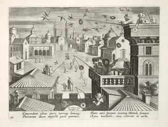 Jan Collaert（1566-1628）によって刻印された、穴のあるミラーディスクを使用したツバメの捕獲、プレート77、 &39;Venationes、Ferarum、Avium、Piscium&39;（狩猟：野生の獣、鳥、魚）のイラスト、出版。