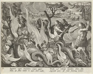 インドで蛇を捕まえるクラブとトーチを使用して下草を照らす、パブ. 1640年の彫刻。