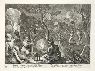 Jan Collaert（1566-1628）によって刻まれた &39;Venationes、Ferarum、Avium、Piscium&39;（Of Hunting：Wild Beasts、Birds、Fish）からのイラスト、夜に鳥を捕る野鳥たち、パブ。フィリップス・ガレウス、アムステ
