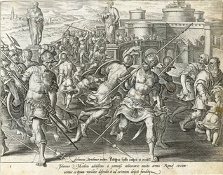 ローマに囲まれたジョヴァンニデメディチ、フィリップゴール（1537-1612）によって刻まれた「メディチの歴史」のプレート1、1583年頃