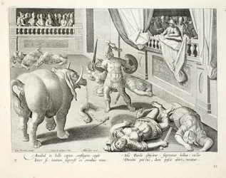 ハンニバルは、敗北したローマ人を互いに戦わせます。「ヴェネツィア、フェララム、アビウム、ピシウム」（狩猟：野生の獣、鳥、魚）のイラスト、ヤンコラート（1566-1628）、彫刻。フィリップス