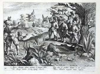 Jan Collaert（1566-1628）によって彫刻された &39;Venationes、Ferarum、Avium、Piscium&39;（Of Hunting：Wild Beasts、Birds、Fish）からのイラスト、ファルコンを使ってガチョウを狩るハンター、パブ。フィリップス・ガレウス、A
