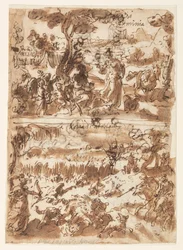 上: エルミニアと羊飼い。 下: カリュドニアのイノシシを狩るアタランテ