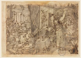 性病の治療法としてのグアヤクムの発見、「Hyacum et lues venerea」のデザイン、Nova Reperta (現代の新しい発明) 版画シリーズのプレート 6