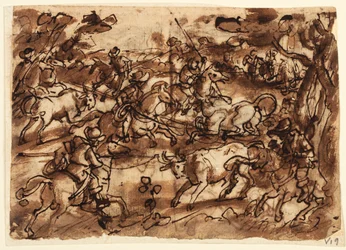 Recto: なげなわで雄牛狩り。 上の裏面: 甲冑を着た男たちによる熊狩り。 裏面、下: 欺瞞によるサルの狩猟。 Venationesシリーズのすべての予備デザイン