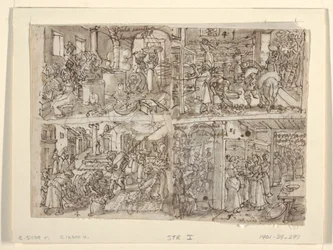 Recto: 「Vermis Sericus」（製糸）版画シリーズの 4 つの予備デザイン。 左上: ワインディング シルク。 左下：桑の葉の準備。 右上：棚に葉を並べる。 右下：蚕に桑の葉を与えています。 ヴェ