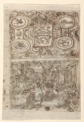 Recto、上: Vermis Sericus (「カイコの紹介」) 版画シリーズのタイトル ページの予備デザイン。 直訳、下: pl の予備設計。 3 (カイコの卵の孵化); Verso, 上: タイトルページの不完全な予備デザイン