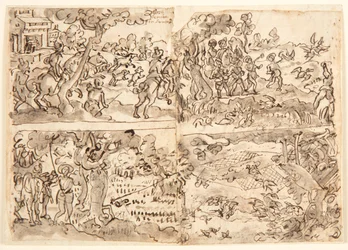 4 つのハント シーンを含むスケッチブック ページ