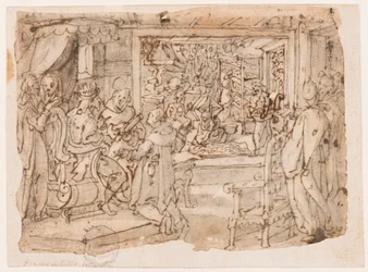 皇帝ユスティニアヌスの宮廷での蚕の紹介、「Ser, sive sericus vermis」のデザイン、Nova Reperta (現代の新しい発明) 版画シリーズのプレート 8