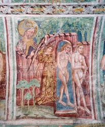 Hrastovlje要塞教会、三位一体教会、楽園から追放されたアダムとイヴ（1490年）、Janez Iz Kastvaによるフレスコ画の詳細、スロベニア