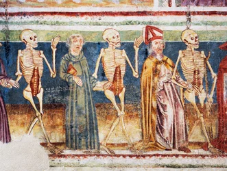 Hrastovlje要塞教会、三位一体教会、司教と修道士に付き添う死、死の舞踏（1490年）、Janez Iz Kastvaによるフレスコ画の詳細、スロベニア