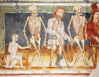 Hrastovlje要塞教会、三位一体教会、子供と貧乏人に付き添う死、死の舞踏（1490年）、Janez Iz Kastvaによるフレスコ画の細部（1490年）、スロベニア
