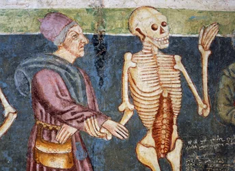 Hrastovlje要塞教会、三位一体教会、医者に付き添う死、死の舞踏（1490年）、Janez Iz Kastvaによるフレスコ画の詳細、スロベニア