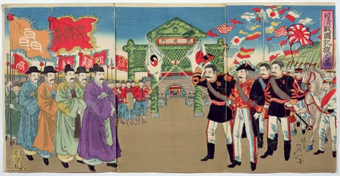 19世紀後半の日中戦争のエピソード、日本将校と韓国当局者の会談（カラー木版画）